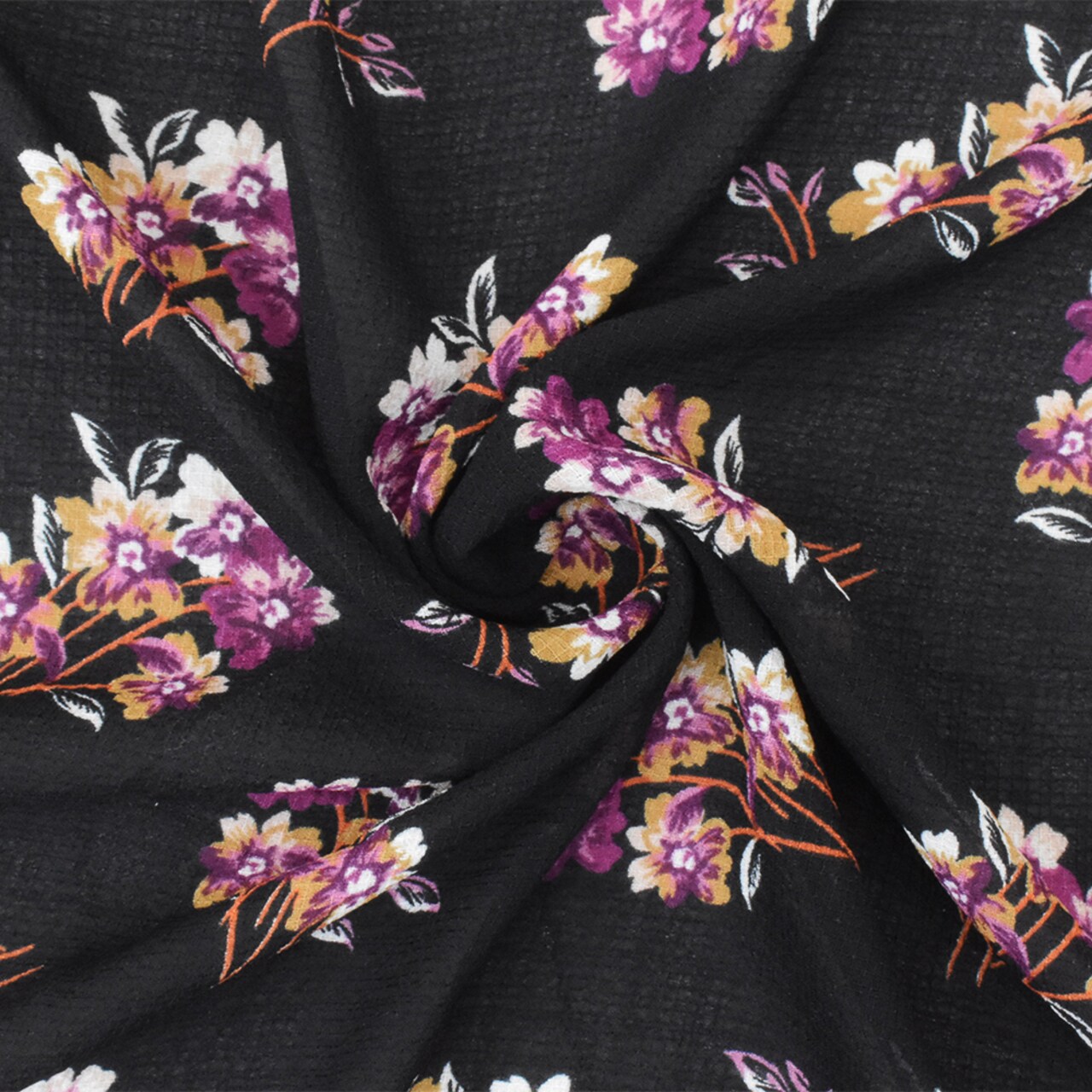 Black-Purple-Multi Floral Printed Poly Grid Slub Chiffon Woven Fabric By the Yard